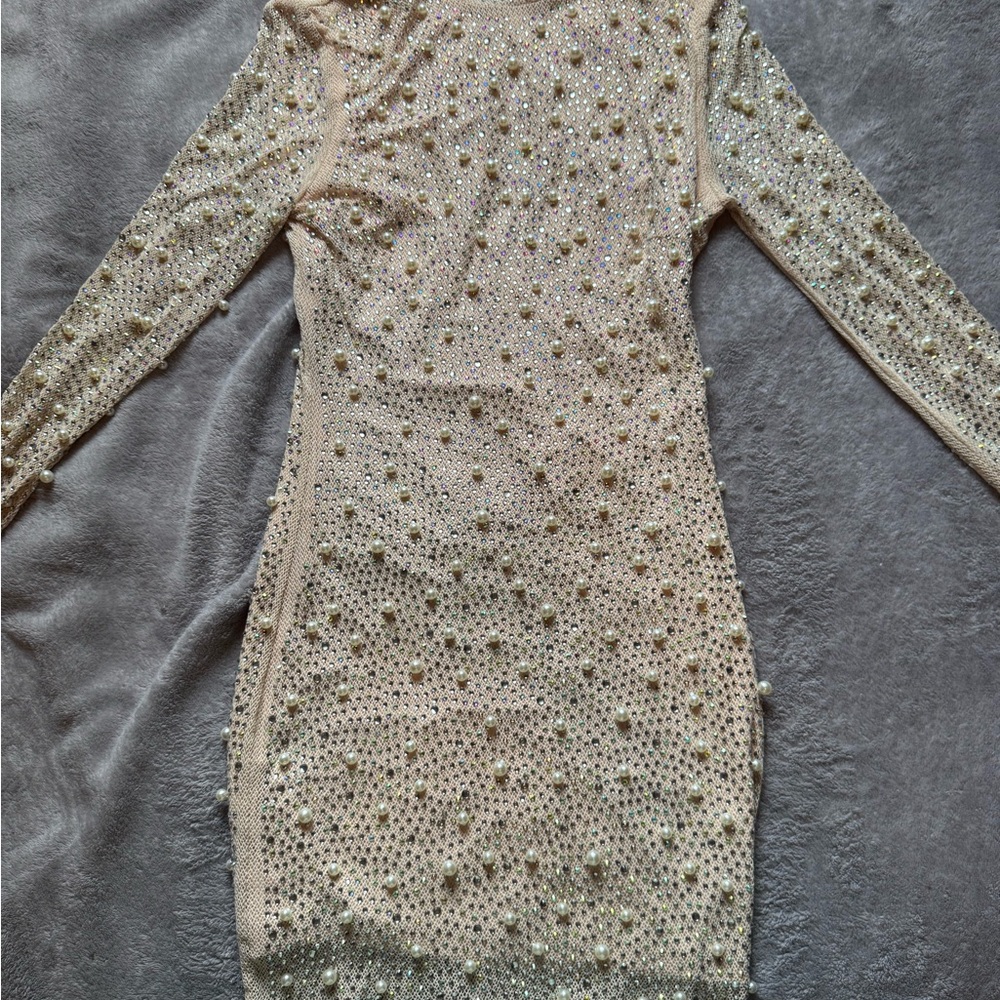 Fashion Nova Pearl-Studded Long Sleeve Dress